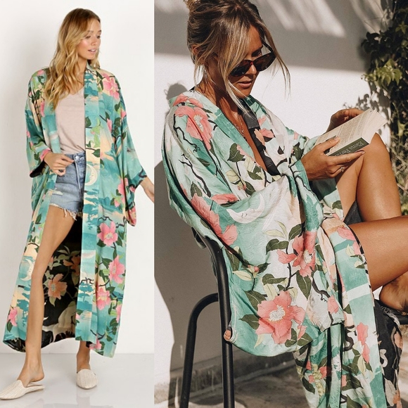 New Spell Designs Nightingale Reversible Kimono Robe Teal Black S/M Duster Lily - Picture 6 of 16